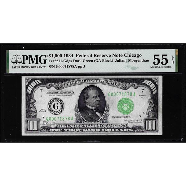 1934 $1,000 Federal Reserve Note Chicago Fr.2211-G PMG About Uncirculated 55EPQ