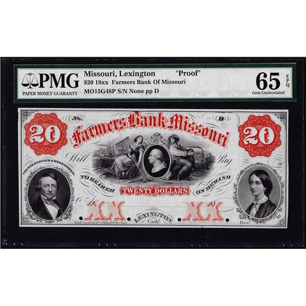 1800's $20 Farmers Bank of Missouri Obsolete Bank Note PMG Gem Uncirculated 65EPQ