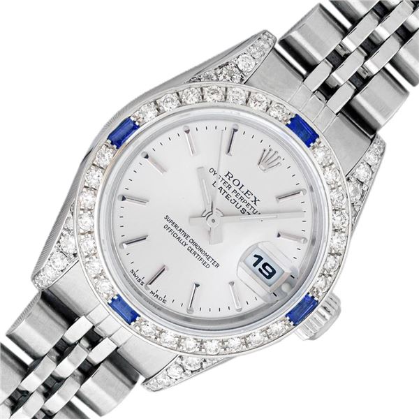 Rolex Ladies Stainless Steel Silver Index Sapphire and Diamond Datejust Wristwatch