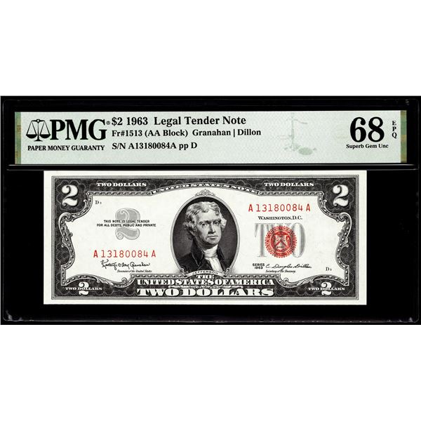 1963 $2 Legal Tender Note Fr.1513 PMG Superb Gem Uncirculated 68EPQ