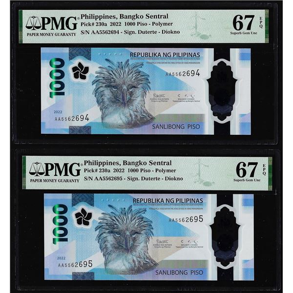 (2) Consecutive 2022 Philippines 1000 Piso Notes PMG Superb Gem Uncirculated 67EPQ