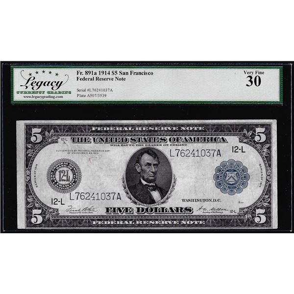 1914 $5 Federal Reserve Note San Francisco Fr. 891a Legacy Very Fine 30