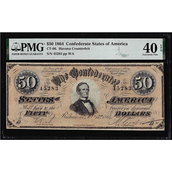 1864 $50 Confederate States Havana Counterfeit Note CT-66 PMG Extremely Fine 40EPQ