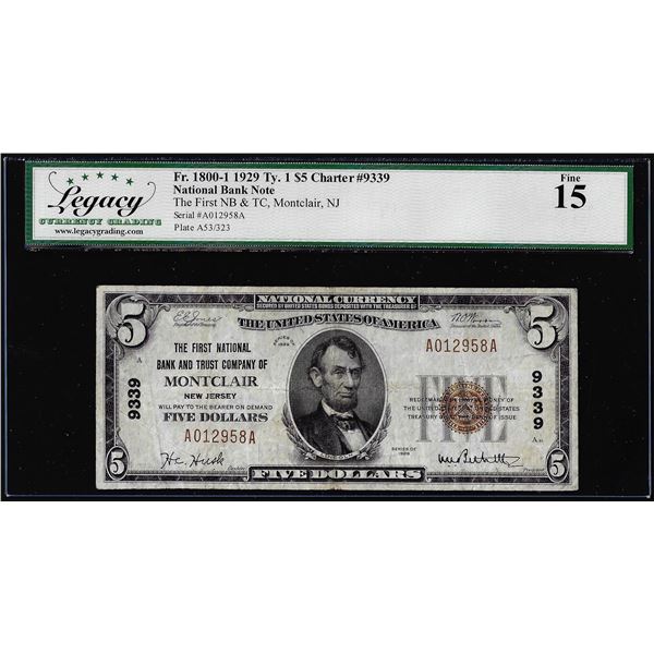 1929 $5 First NB & TC NB Montclair, NJ CH# 9339 National Currency Note Legacy Fine 15