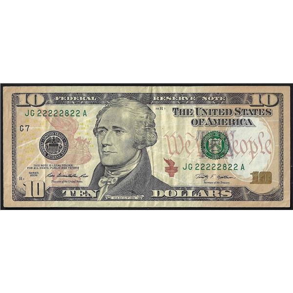 2009 $10 Federal Reserve Note Near Solid Serial Number