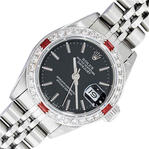 Rolex Ladies Stainless Steel Black Index Ruby and Diamond Datejust Wristwatch