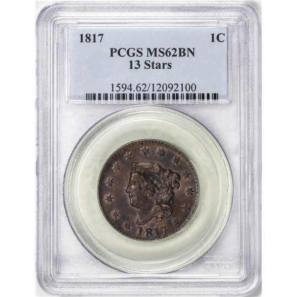 1817 13 Stars Coronet Head Large Cent Coin PCGS MS62BN