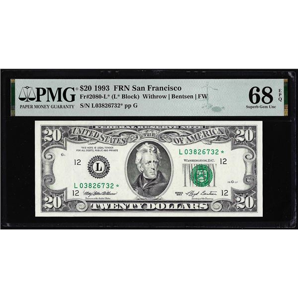 1993 $20 Federal Reserve Star Note San Francisco Fr.2080-L* PMG Superb Gem Unc 68EPQ