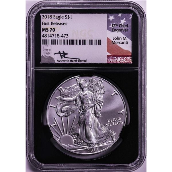 2018 $1 American Silver Eagle Coin NGC MS70 First Releases Mercanti Signature