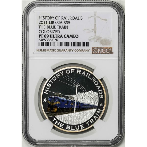 2011 Liberia $5 History of Railroads The Blue Train Silver Coin NGC PF69 Ultra Cameo