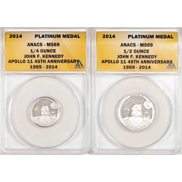 Set of 2014 Proof 1/4 oz & 1/2 oz Platinum JFK Apollo 11 Anniversary Medal ANACS MS69