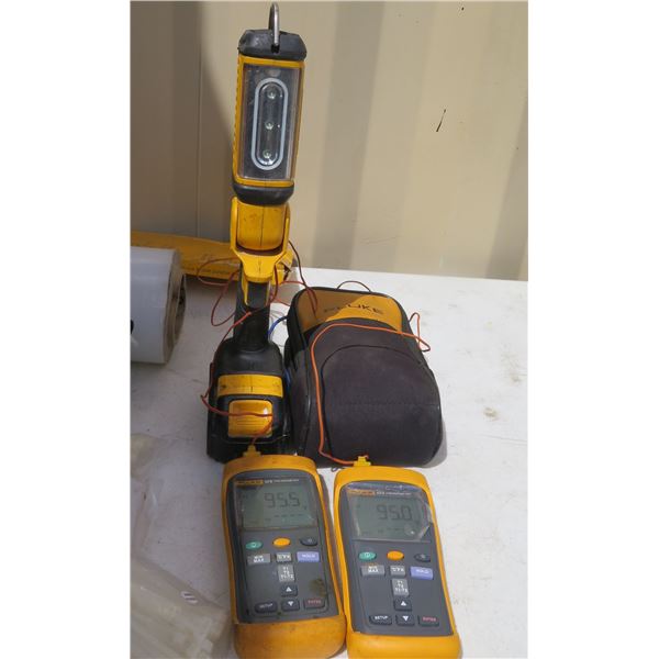 Qty 2 Fluke 52II Thermometers, DeWalt DCL050 Work Light, Case, etc