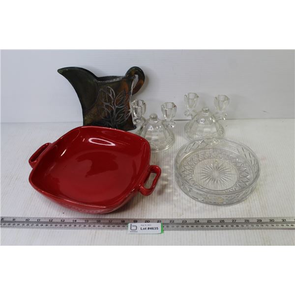 Alfa Dish (Made in Italy -chipped) - (2) Glass Candle Holders - Glass Bowl - Tea Pot Decor