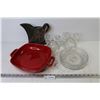 Image 1 : Alfa Dish (Made in Italy -chipped) - (2) Glass Candle Holders - Glass Bowl - Tea Pot Decor