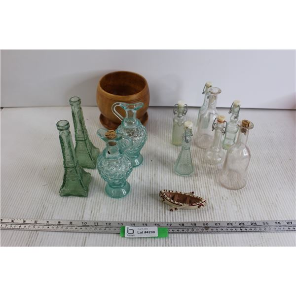 (11) Glass Bottles, Wooden Bowl, Boat Decoration