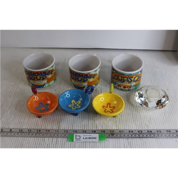 (3) Soup Mugs, (3) Trinket Dishes, Candle