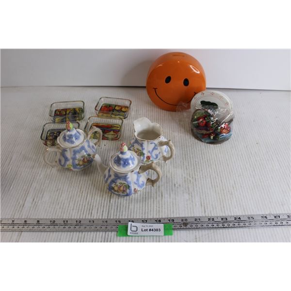 Cream, Sugar, and Teapot Set, (4) Trinket Holders, Happy Face Coin Bank, Vegetable Coasters with Hol