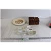 Image 1 : Carved Wood Jewelry Box, Royal Cauldron England "Ludlow Castle & Dinham Bridge" Plate, (4) Glass Pic
