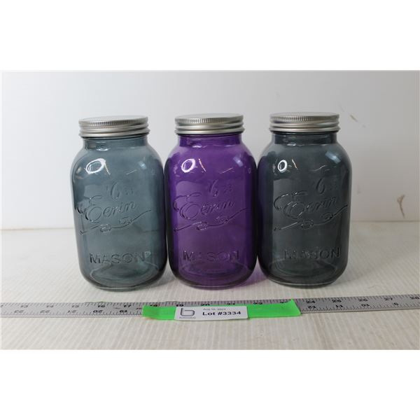 (3) Coloured Glass Mason Jars