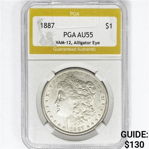 1887 Morgan Silver Dollar PGA AU55 VAM-12, Alligat