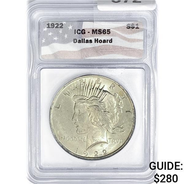 1922 Silver Peace Dollar ICG MS65 Dallas Hoard