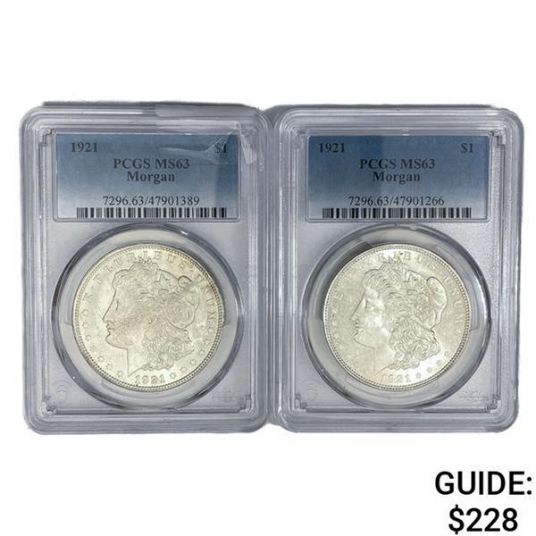 (2) 1921 Morgan Silver Dollars PCGS MS63