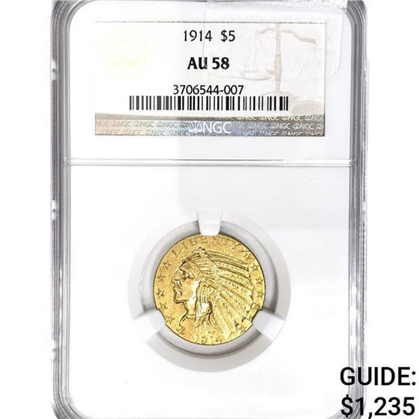 1914 $5 Gold Half Eagle NGC AU58