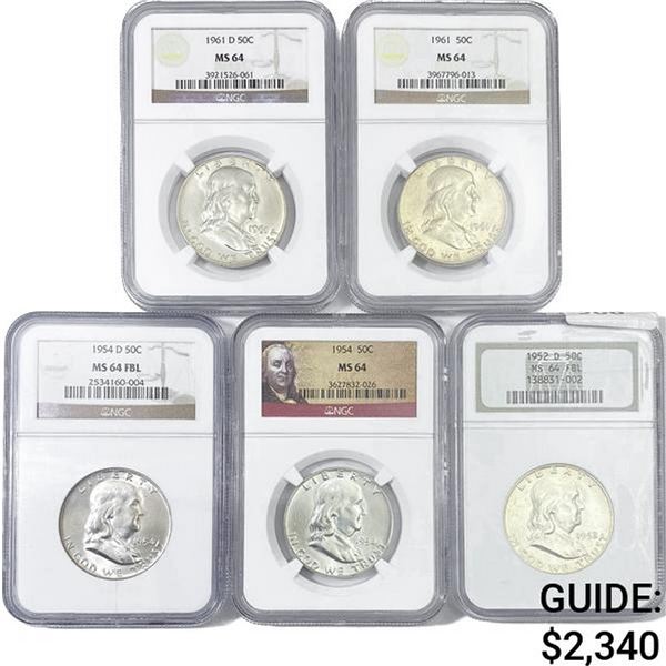 (5) Franklin Half Dollar Set NGC MS64 (1952-D, 195