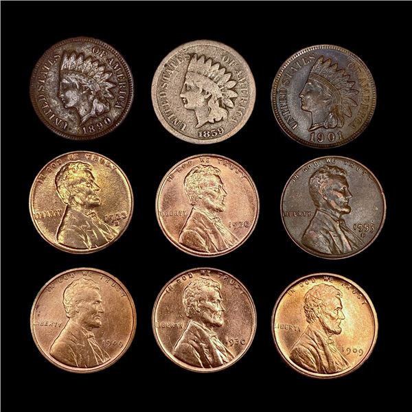(9) Varied US Cents (1859, 1890, 1901, (2) 1909, (