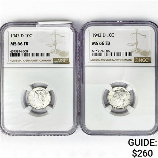 1942-D Set (2) Mercury Silver Dime NGC MS66 FB