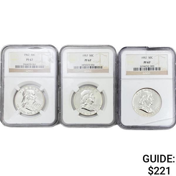 (3) Franklin Half Dollars NGC PF67 1957-1962