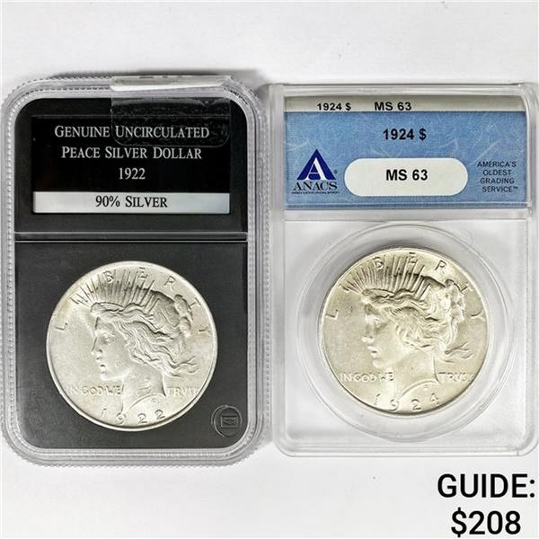 (2) Peace Silver Dollar PCS,ANACS 1922-1924