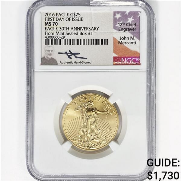 2016 $25 1/2oz AGE Mercanti Signed NGC MS70 30th