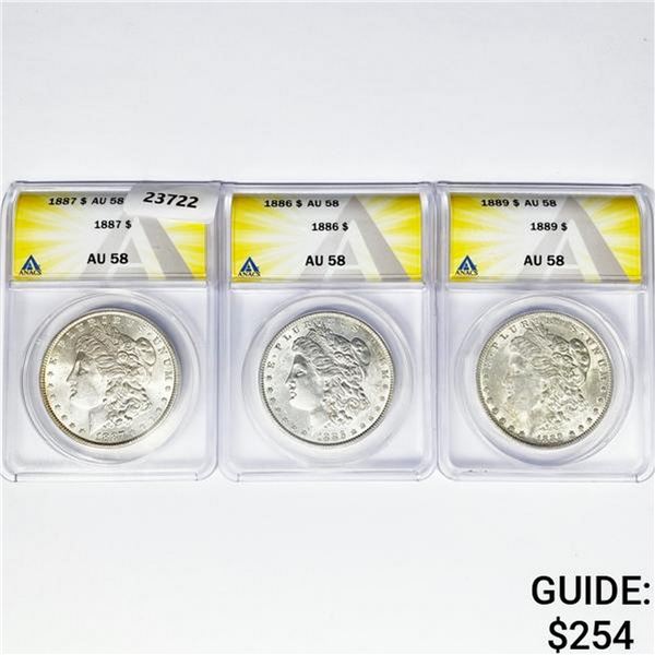 1886-1889 Set (3) Morgan Silver Dollar ANACS AU58