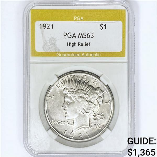 1921 Silver Peace Dollar PGA MS63 High Relief