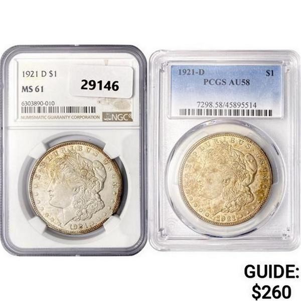 1921-D Set (2) Morgan Silver Dollar AU, MS