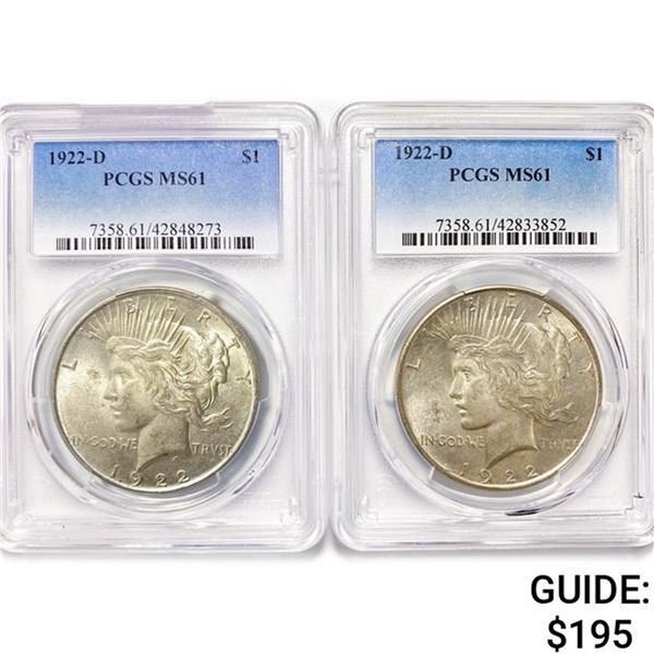 1922-D Set (2) Silver Peace Dollar PCGS MS61