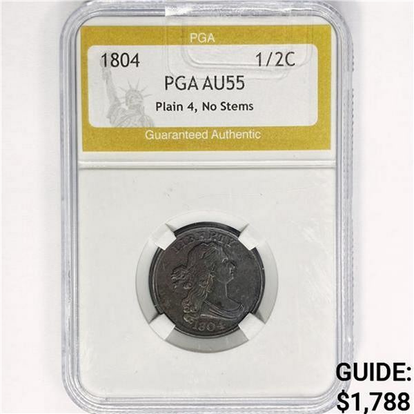 1804 Draped Bust Half Cent PGA AU55 Plain 4, No St