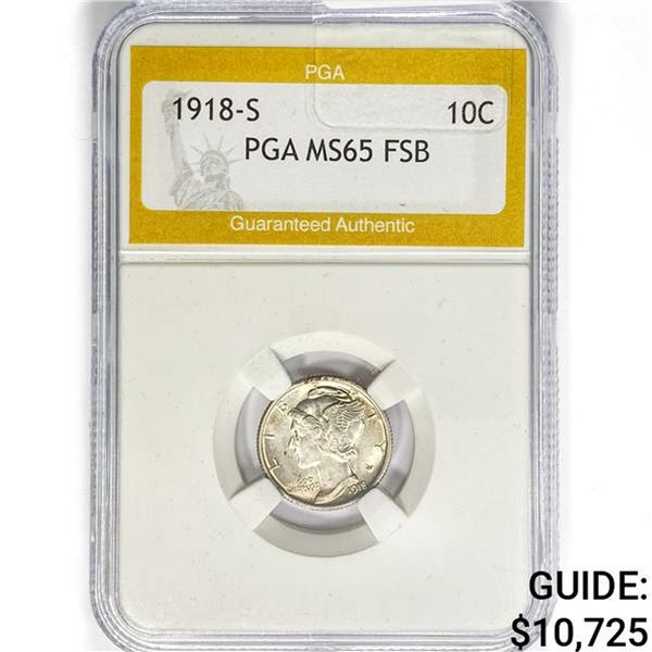 1918-S Mercury Silver Dime PGA MS65 FSB