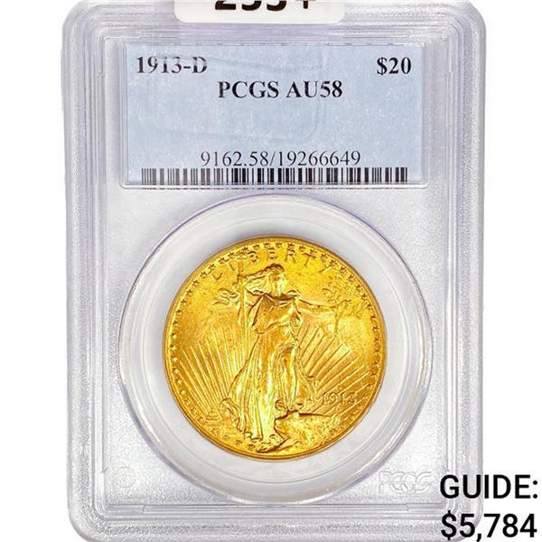 1913-D $20 Gold Double Eagle PCGS AU58