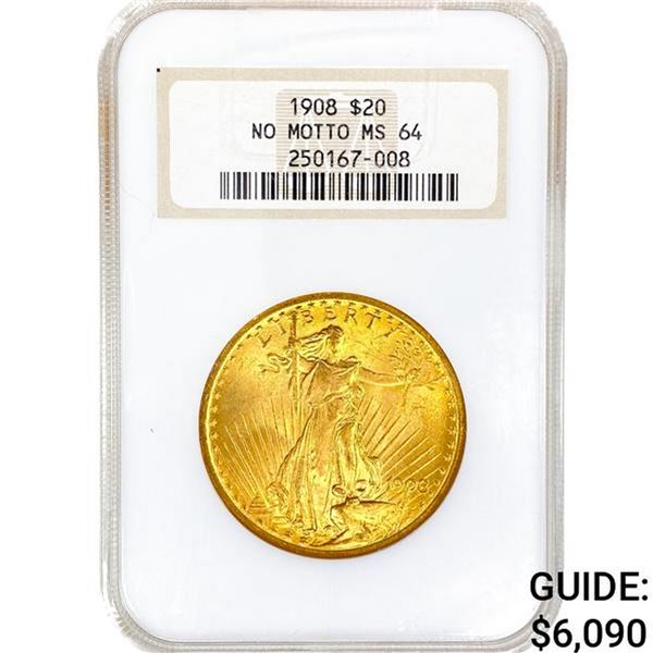 1908 $20 Gold Double Eagle NGC MS64 No Motto