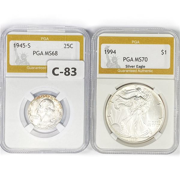 1945-S Washington 25C, ASE (Set 2) PGA MS