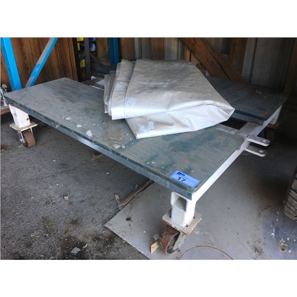 APPROX.5FT X 5FT ROLLING METAL PLATFORM DOLLY AND LARGE WHITE TARP
