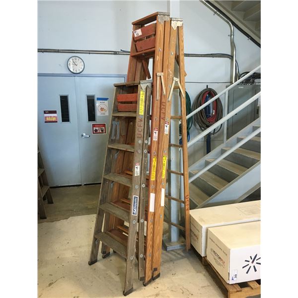 3 WOODEN STEP LADDERS-APPROX.8FT, 8FT & 6FT