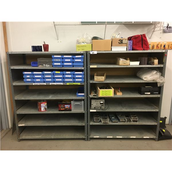 2 METAL SHELF UNITS WITH ASSORTED MISCELLANEOUS-EACH SHELF APPROX.4FT X 5FT X 2FT