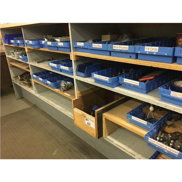 CONTENTS OF WOODEN SHELF UNIT-RIVET GUNS,PARTS,HARDWARE & MISCELLANEOUS-*SHELF NOT INCLUDED*