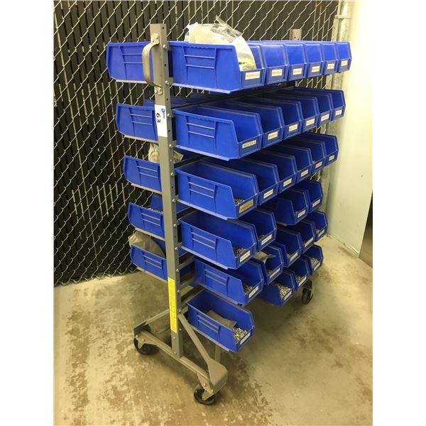 ROLLING PARTS (BLUE BINS) ORGANIZER UNIT WITH MISCELLANEOUS HARDWARE (MOSTLY RIVETS)