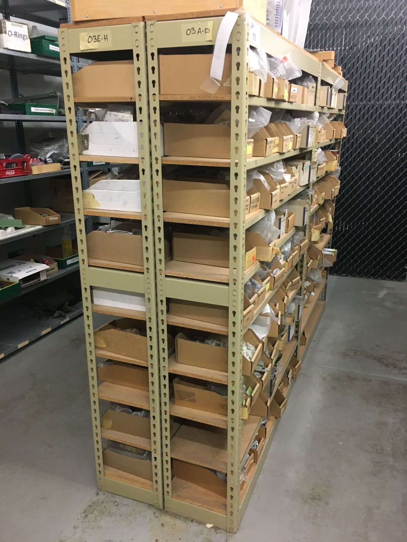 GROUP OF 4 METAL SHELF RACKING UNITS & CONTENTS-ASSORTED HARDWARE/FITTINGS