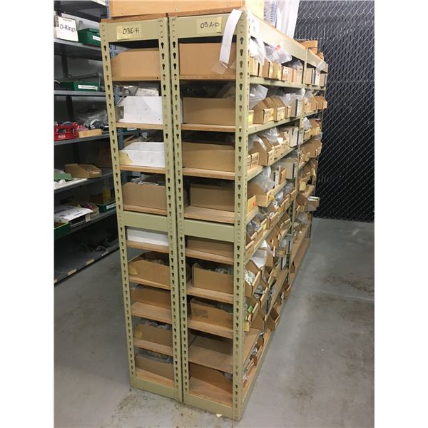 GROUP OF 4 METAL SHELF RACKING UNITS & CONTENTS-ASSORTED HARDWARE/FITTINGS