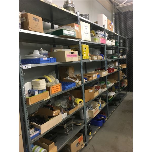 GROUP OF 4 LARGE METAL SHELF RACKING UNITS & CONTENTS (ASSORTED)